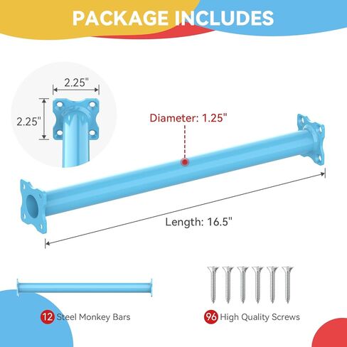 16.5 Inch Monkey Bars Kit Playground Monkey Bar Ladder Rungs for Backyard Indoor Outdoor Kids Metal Monkey Bars Swing Set Playset Accessories (Light Blue, 12 Pcs) in Kuwait