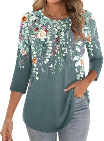 Zeagoo 3/4 Length Sleeve Womens Tops Crew Neck Loose Fit Shirts Pleated Cute Clothes Dressy Casual 2025 Summer Tunics in Saudi Arabia