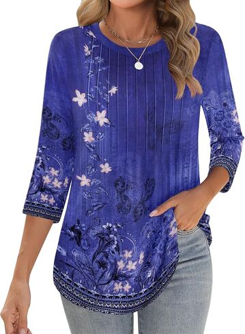 Zeagoo 3/4 Length Sleeve Womens Tops Crew Neck Loose Fit Shirts Pleated Cute Clothes Dressy Casual 2025 Summer Tunics in Saudi Arabia