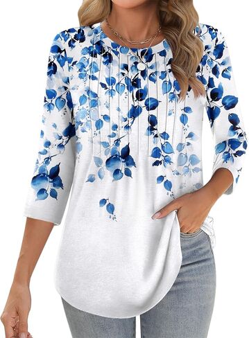 Zeagoo 3/4 Length Sleeve Womens Tops Crew Neck Loose Fit Shirts Pleated Cute Clothes Dressy Casual 2025 Summer Tunics in Saudi Arabia