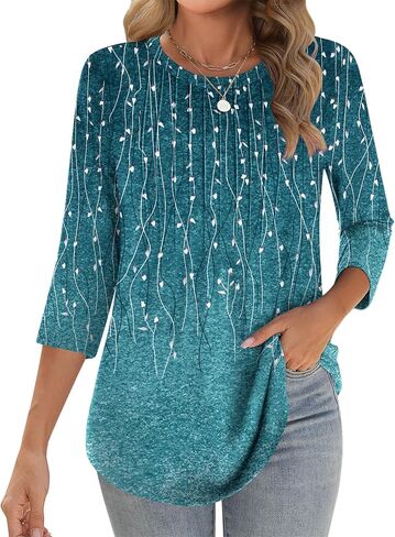 Zeagoo 3/4 Length Sleeve Womens Tops Crew Neck Loose Fit Shirts Pleated Cute Clothes Dressy Casual 2025 Summer Tunics in Saudi Arabia
