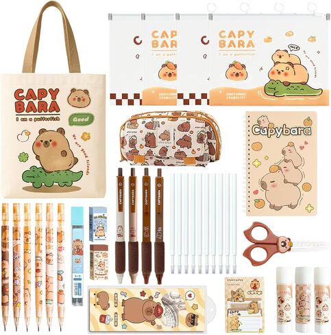 لوازم مدرسة Capybara مجموعة قرطاسية لطيفة مجموعة Kawaii العودة إلى المدرسة A7/A5 دفتر حلزوني ، حالة قلم رصاص ، 6 أقلام هلام قابلة للمحو ، 40 ملصقات ، حامل البطاقة هدايا عيد الفصح المثالية للأطفال in Saudi Arabia