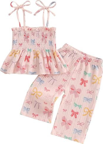 Lamuusaa Toddler Baby Girl Clothes Sleeveless Strawberry Crop Tops Cotton Linen Wide Leg Pants Summer Outfits 6M-4T in Kuwait