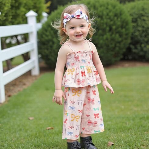 Lamuusaa Toddler Baby Girl Clothes Sleeveless Strawberry Crop Tops Cotton Linen Wide Leg Pants Summer Outfits 6M-4T in Kuwait