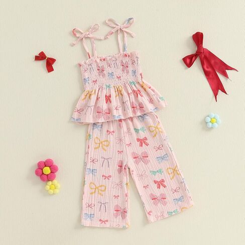 Lamuusaa Toddler Baby Girl Clothes Sleeveless Strawberry Crop Tops Cotton Linen Wide Leg Pants Summer Outfits 6M-4T in Kuwait