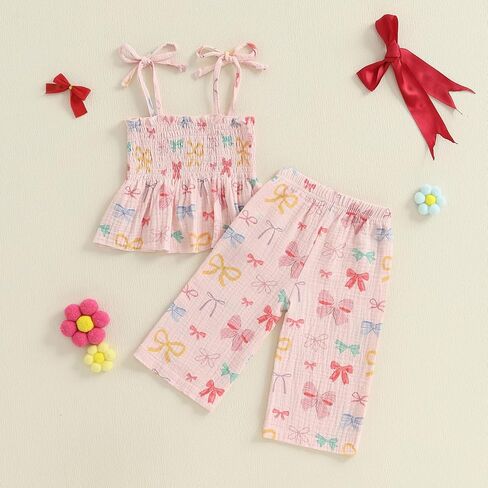 Lamuusaa Toddler Baby Girl Clothes Sleeveless Strawberry Crop Tops Cotton Linen Wide Leg Pants Summer Outfits 6M-4T in Kuwait