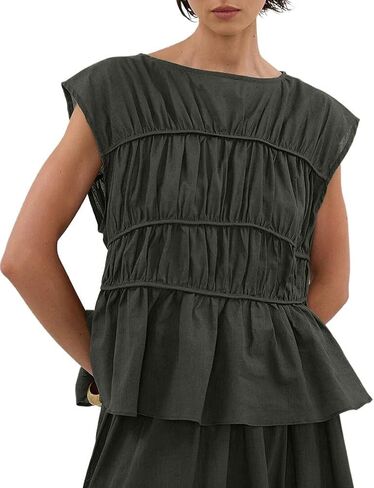 IDEALSANXUN Linen Tank Tops for Women Summer Cap Sleeve Tiered Pleated Shirts Casual Cute Peplum Blouses Beach Tops in Saudi Arabia