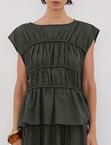 IDEALSANXUN Linen Tank Tops for Women Summer Cap Sleeve Tiered Pleated Shirts Casual Cute Peplum Blouses Beach Tops in Saudi Arabia