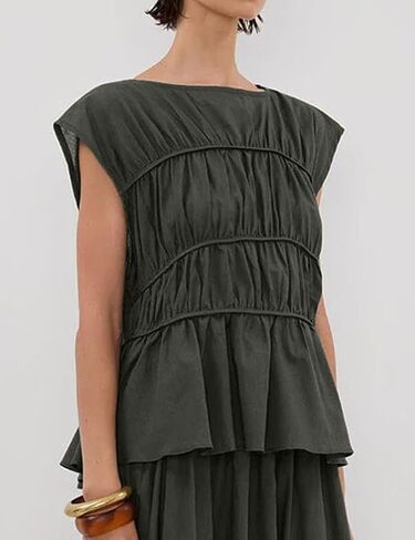 IDEALSANXUN Linen Tank Tops for Women Summer Cap Sleeve Tiered Pleated Shirts Casual Cute Peplum Blouses Beach Tops in Saudi Arabia