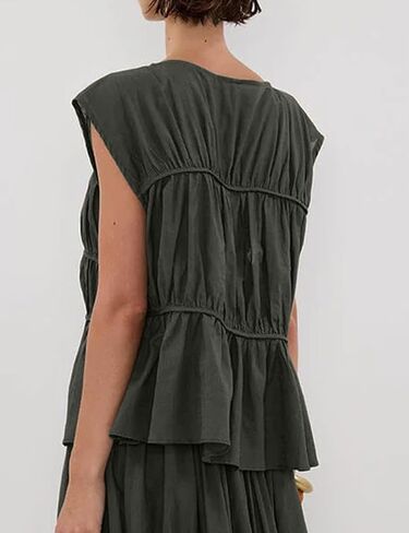 IDEALSANXUN Linen Tank Tops for Women Summer Cap Sleeve Tiered Pleated Shirts Casual Cute Peplum Blouses Beach Tops in Saudi Arabia