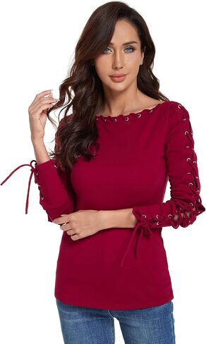 AmélieBoutik Women Boatneck Lace Up Trim Long Sleeve Blouse in Saudi Arabia