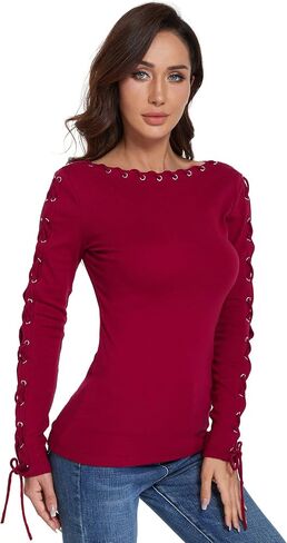 AmélieBoutik Women Boatneck Lace Up Trim Long Sleeve Blouse in Saudi Arabia