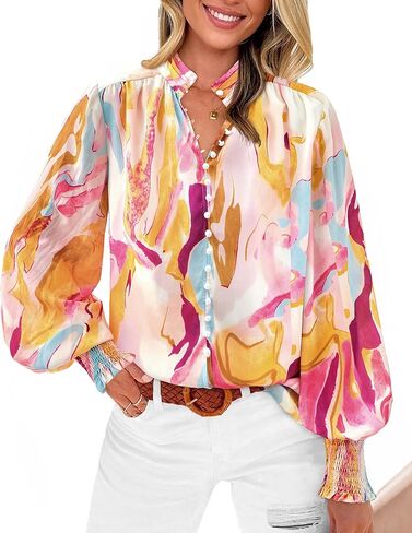 BTFBM Spring Fashion 2025 Button Down Long Sleeve Blouses for Women Dressy Casual V Neck Loose Printed Boho Tops Shirts in Saudi Arabia