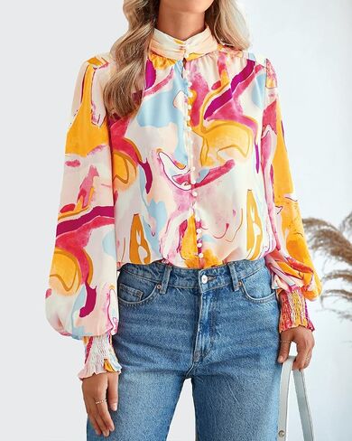 BTFBM Spring Fashion 2025 Button Down Long Sleeve Blouses for Women Dressy Casual V Neck Loose Printed Boho Tops Shirts in Saudi Arabia