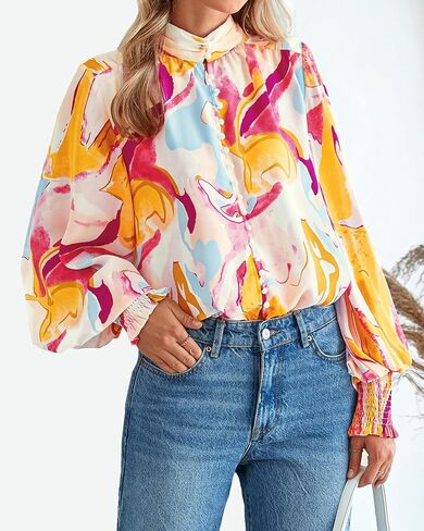 BTFBM Spring Fashion 2025 Button Down Long Sleeve Blouses for Women Dressy Casual V Neck Loose Printed Boho Tops Shirts in Saudi Arabia