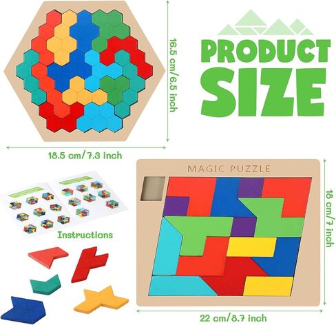 Yunsailing 3 Pack Hexagon Tangram Puzzles Wooden Brain Survivor Puzzles for Adult Russian Blocks Hexagon Tangram Brain Teaser Wood Geometric Jigsaw Challenge Intelligence Teasers Logic Mind Game in Kuwait