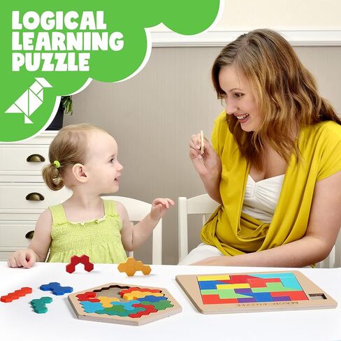 Yunsailing 3 Pack Hexagon Tangram Puzzles Wooden Brain Survivor Puzzles for Adult Russian Blocks Hexagon Tangram Brain Teaser Wood Geometric Jigsaw Challenge Intelligence Teasers Logic Mind Game in Kuwait