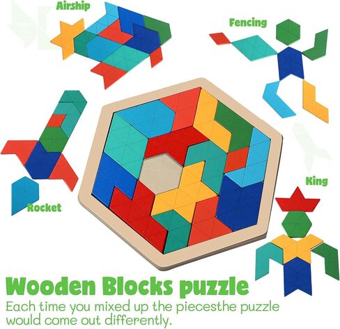 Yunsailing 3 Pack Hexagon Tangram Puzzles Wooden Brain Survivor Puzzles for Adult Russian Blocks Hexagon Tangram Brain Teaser Wood Geometric Jigsaw Challenge Intelligence Teasers Logic Mind Game in Kuwait