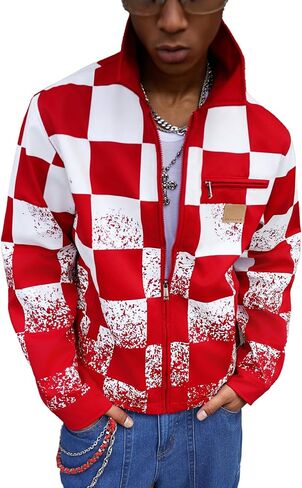 Men's Red and White Plaid Personalized Zipper Cardigan Jacket Coat Breathable Dry Urban Street Casual Trendy Jacket in Saudi Arabia