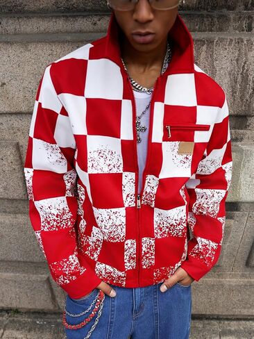 Men's Red and White Plaid Personalized Zipper Cardigan Jacket Coat Breathable Dry Urban Street Casual Trendy Jacket in Saudi Arabia