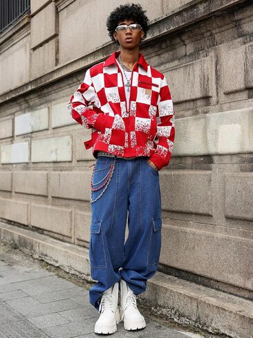 Men's Red and White Plaid Personalized Zipper Cardigan Jacket Coat Breathable Dry Urban Street Casual Trendy Jacket in Saudi Arabia