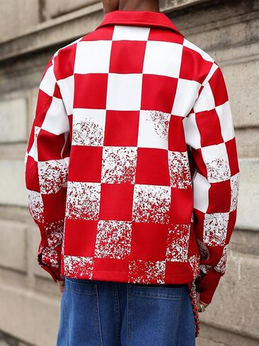 Men's Red and White Plaid Personalized Zipper Cardigan Jacket Coat Breathable Dry Urban Street Casual Trendy Jacket in Saudi Arabia