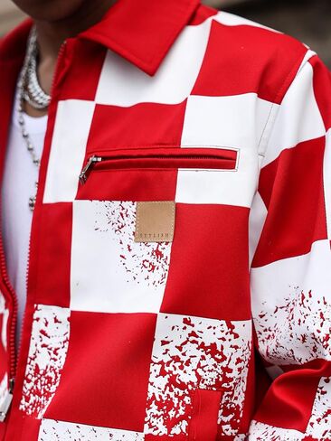 Men's Red and White Plaid Personalized Zipper Cardigan Jacket Coat Breathable Dry Urban Street Casual Trendy Jacket in Saudi Arabia