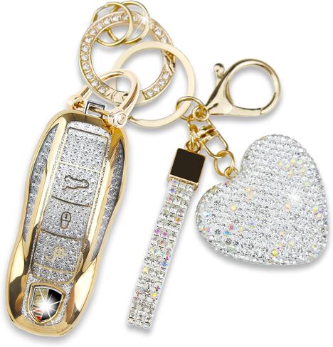 Compatible with Porsche Key Fob Cover with Heart Keychain, Car Key Shell for Women, Compatible with Porsche Cayenne Panamera 911 718 Macan Boxster Cayman Key Protector (3 Buttons-Gold) in Saudi Arabia