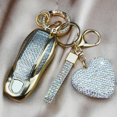 Compatible with Porsche Key Fob Cover with Heart Keychain, Car Key Shell for Women, Compatible with Porsche Cayenne Panamera 911 718 Macan Boxster Cayman Key Protector (3 Buttons-Gold) in Saudi Arabia