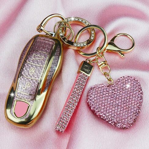 Compatible with Porsche Key Fob Cover with Heart Keychain, Car Key Shell for Women, Compatible with Porsche Cayenne Panamera 911 718 Macan Boxster Cayman Key Protector (3 Buttons-Gold) in Saudi Arabia