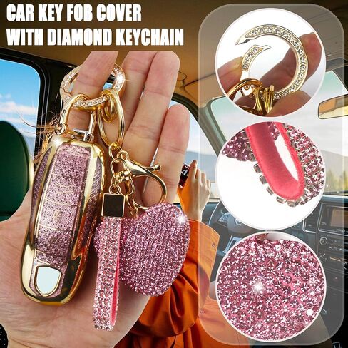 Compatible with Porsche Key Fob Cover with Heart Keychain, Car Key Shell for Women, Compatible with Porsche Cayenne Panamera 911 718 Macan Boxster Cayman Key Protector (3 Buttons-Gold) in Saudi Arabia