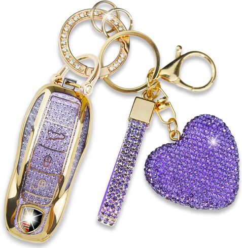Compatible with Porsche Key Fob Cover with Heart Keychain, Car Key Shell for Women, Compatible with Porsche Cayenne Panamera 911 718 Macan Boxster Cayman Key Protector (3 Buttons-Gold) in Saudi Arabia