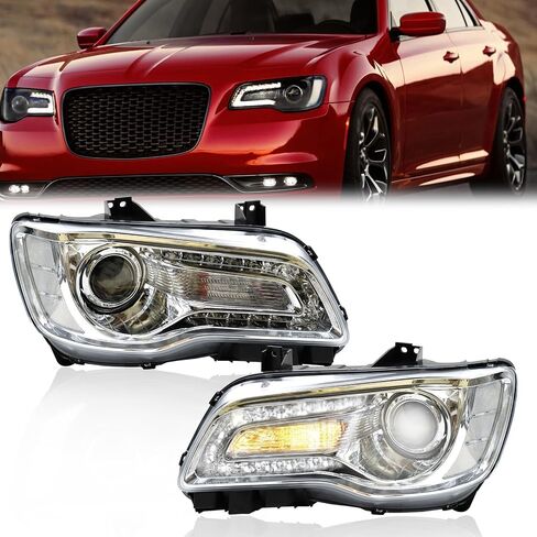 تناسب مجموعة المصابيح الأمامية لعام 2011-2023 Chrysler 300/300C Pair لزوج العاكس السوداء السوداء العاكسة مع الاستبدال DRL يسار السائق الأيسر (LH+RH) in Kuwait