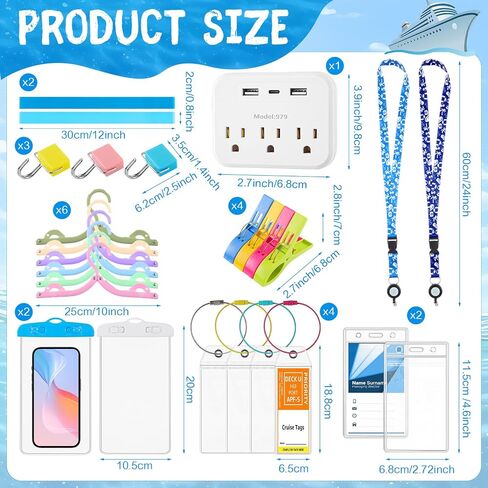 Chunful 24 Pcs Cruise Ship Essentials Kit Include 4 Cruise Luggage Tags Holder 2 Lanyards with Card Holders 1 Power Strip 2 Phone Bag 6 Coat Hanger 3 Magnet Hooks 2 Towel Bands 4 Clips in Saudi Arabia