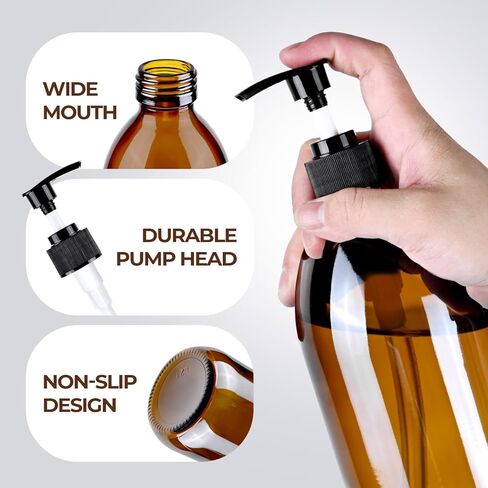 Amber Glass Pump Bottle Dispenser 16 oz, 2 Pack, Brown, Glass Bottle Dispenser with Pump, Body Oil, Lotion, Soap, Essential Oil in Saudi Arabia