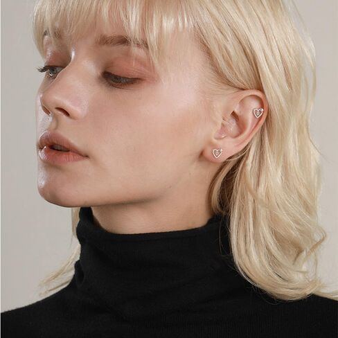 Hypoallergenic 20g Heart Love Small Stud Earrings for Women Sensitive Ear Flat Screw Back Cute Minimalist Silver Plated Open Hearted Tragus Cartilage Stainless Steel Fashion Jewelry Gifts Her in Saudi Arabia