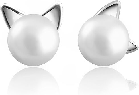 Cute Cat Stud Earrings, Hypoallergenic Small Pearl Earrings for Women Silver in Saudi Arabia