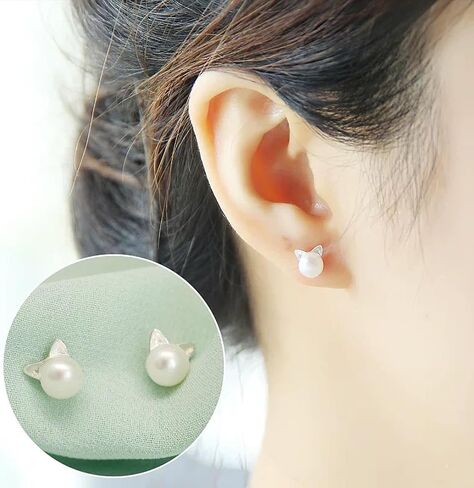 Cute Cat Stud Earrings, Hypoallergenic Small Pearl Earrings for Women Silver in Saudi Arabia