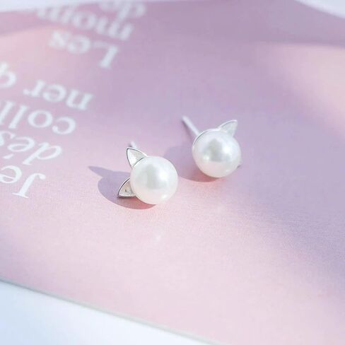 Cute Cat Stud Earrings, Hypoallergenic Small Pearl Earrings for Women Silver in Saudi Arabia