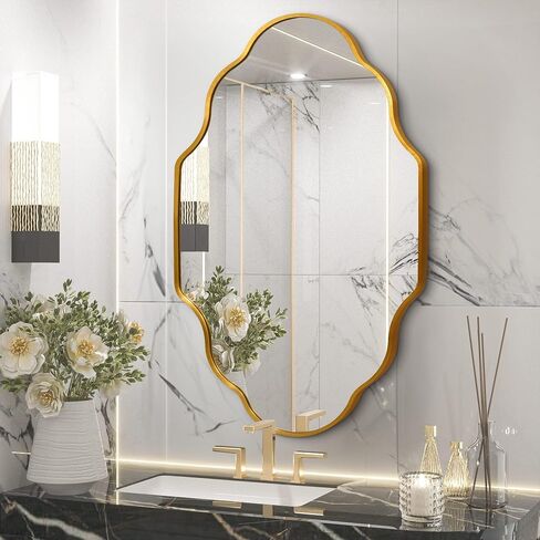 octopus Gold Bathroom Wall Mirror, 20"X36" Wavy Scalloped Mirrors for Wall, Brushed Metal Frame Decorative Bathroom Mirror for Bedroom, Cloakroom, Entryway, Vertically or Horizontally Hanging in Saudi Arabia