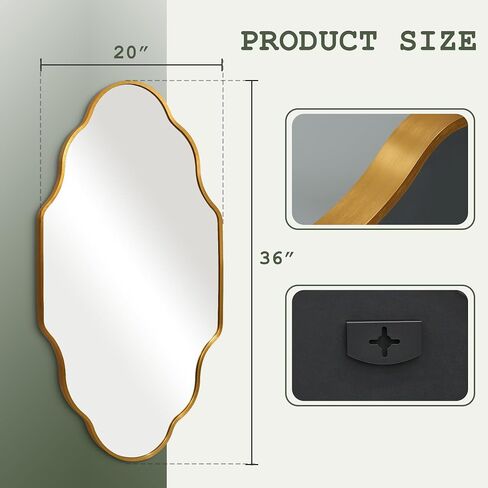 octopus Gold Bathroom Wall Mirror, 20"X36" Wavy Scalloped Mirrors for Wall, Brushed Metal Frame Decorative Bathroom Mirror for Bedroom, Cloakroom, Entryway, Vertically or Horizontally Hanging in Saudi Arabia