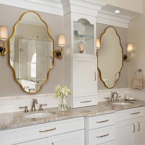 octopus Gold Bathroom Wall Mirror, 20"X36" Wavy Scalloped Mirrors for Wall, Brushed Metal Frame Decorative Bathroom Mirror for Bedroom, Cloakroom, Entryway, Vertically or Horizontally Hanging in Saudi Arabia