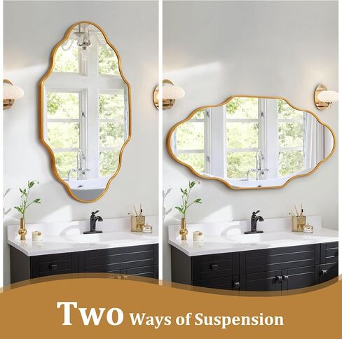 octopus Gold Bathroom Wall Mirror, 20"X36" Wavy Scalloped Mirrors for Wall, Brushed Metal Frame Decorative Bathroom Mirror for Bedroom, Cloakroom, Entryway, Vertically or Horizontally Hanging in Saudi Arabia