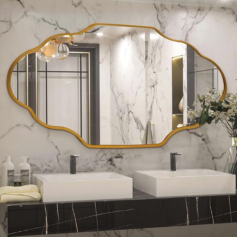 octopus Gold Bathroom Wall Mirror, 20"X36" Wavy Scalloped Mirrors for Wall, Brushed Metal Frame Decorative Bathroom Mirror for Bedroom, Cloakroom, Entryway, Vertically or Horizontally Hanging in Saudi Arabia