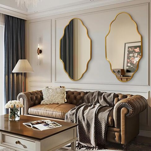 octopus Gold Bathroom Wall Mirror, 20"X36" Wavy Scalloped Mirrors for Wall, Brushed Metal Frame Decorative Bathroom Mirror for Bedroom, Cloakroom, Entryway, Vertically or Horizontally Hanging in Saudi Arabia