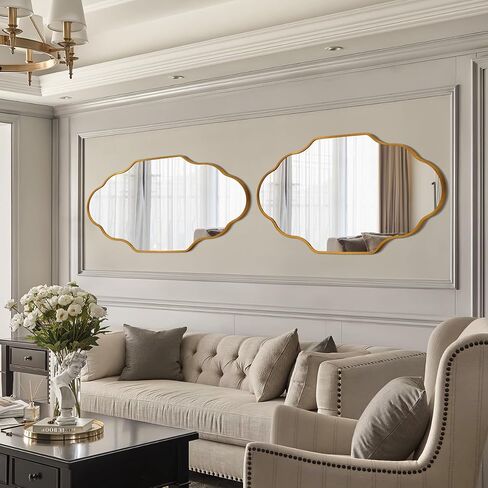 octopus Gold Bathroom Wall Mirror, 20"X36" Wavy Scalloped Mirrors for Wall, Brushed Metal Frame Decorative Bathroom Mirror for Bedroom, Cloakroom, Entryway, Vertically or Horizontally Hanging in Saudi Arabia