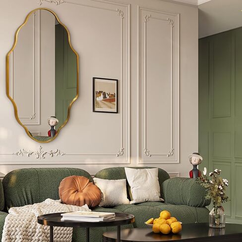 octopus Gold Bathroom Wall Mirror, 20"X36" Wavy Scalloped Mirrors for Wall, Brushed Metal Frame Decorative Bathroom Mirror for Bedroom, Cloakroom, Entryway, Vertically or Horizontally Hanging in Saudi Arabia