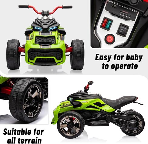 12V 3 Wheeler Ride On ATV Electric Motorcycle, Battery Powered Electric Vehicle w/Led Lights, High & Low Speed, Horn, Music, USB, Treaded Tires, Ride On Car for Kids Gift, White in Kuwait