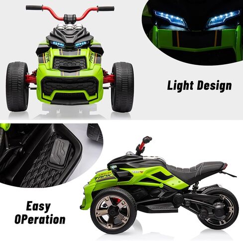 12V 3 Wheeler Ride On ATV Electric Motorcycle, Battery Powered Electric Vehicle w/Led Lights, High & Low Speed, Horn, Music, USB, Treaded Tires, Ride On Car for Kids Gift, White in Kuwait