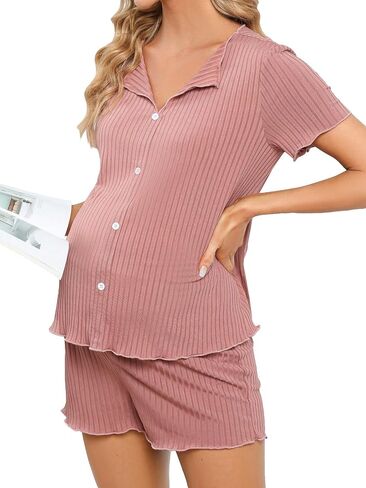 Wdirara Women's Gaternity Sleepwear Button Front Front Short Sleeve Top و Lestuce Trim Shorts Rib Reble in Saudi Arabia